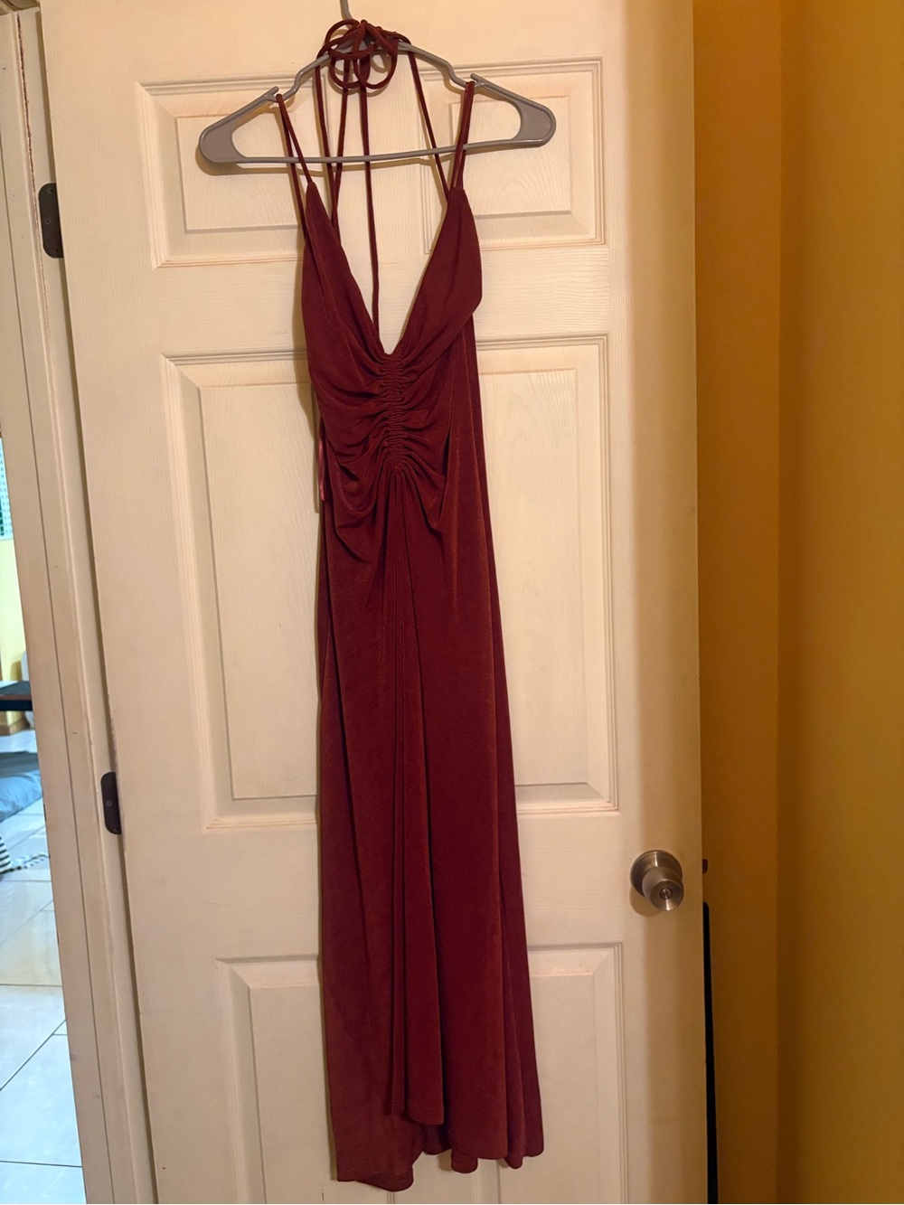 Women's Ruched Halter Maxi Dress in burnt orange